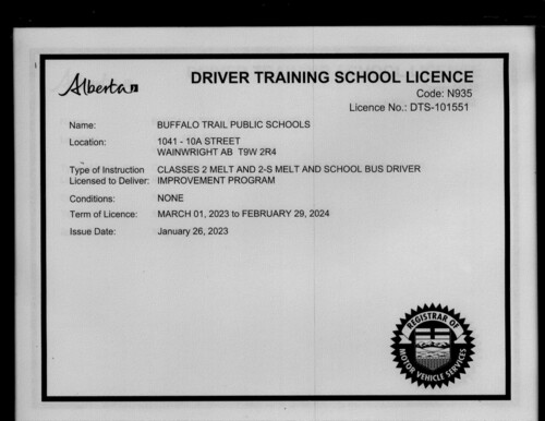 Photo of BTPS' driver training school licence